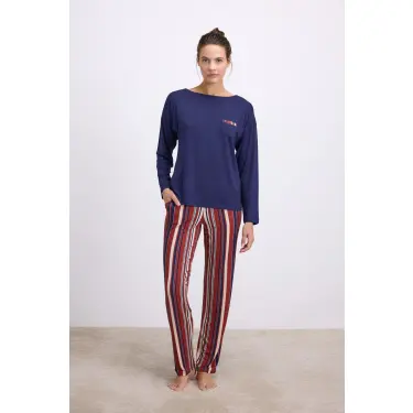 LYYN %100 Modal Lacivert Uzun Kollu T-shirt Ve Çizgili Pantolon Takımı