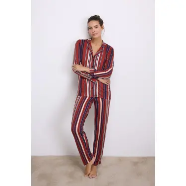 LYYN %100 Modal Uzun Kollu Düğmeli Çizgili Pijama Takımı