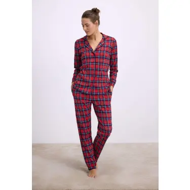 LYYN %100 Pamuklu Uzun Kol Düğmeli Gömlek Ve Ekose Pantolon Pijama Takımı