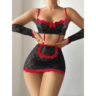 LYYN 5 Parça Kırmızı Siyah Dantel Çiçek Desen Hizmetçi Model Özel Fantazi Tanga Hediyeli 3815