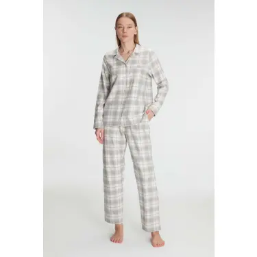 LYYN Anıl Kare Desenli Pamuklu Gömlek Pijama Takımı
