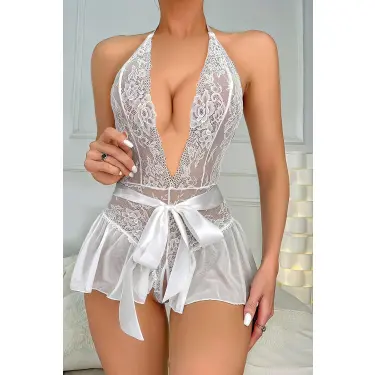 LYYN Arias Closet Beyaz Dantel İşlemeli Özel Bölgesi Açık Fantezi Kurdelalı Body