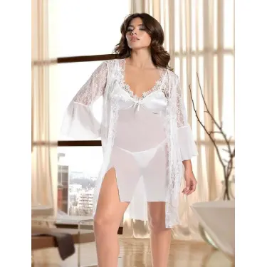 LYYN Arias Closet Beyaz Transparan Dantel İşlemeli Tül Yırtmaçlı 2li Gecelik Takımı