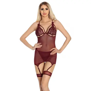 LYYN Arias Closet Bordo Dantel İşlemeli Göğüs İp Detaylı Fantezi Jartiyer Takımı