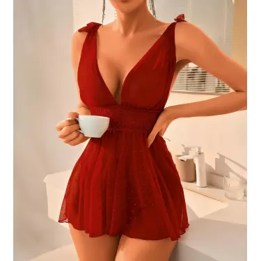 LYYN Arias Closet Bordo Dantel İşlemeli Puantiyeli Tül Fantezi Gecelik