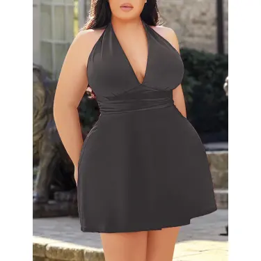 LYYN Arias Closet Büyük Beden Antrasit Boyundan Bağlamalı Mini Gecelik