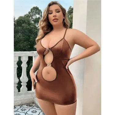 LYYN Arias Closet Büyük Beden Kahverengi Deri Metal Aksesuarlı Fantezi Elbise