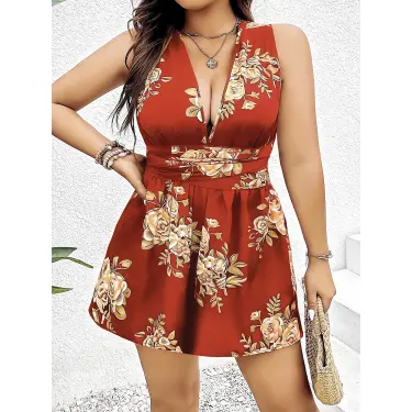 LYYN Arias Closet Büyük Beden Kahverengi Üstüne Çiçek Desenli Sırt Detaylı Elbise