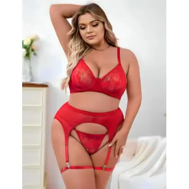 LYYN Arias Closet Büyük Beden Kırmızı Dantel İşlemeli Fantezi Jartiyer Takımı
