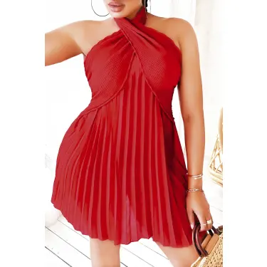 LYYN Arias Closet Büyük Beden Kırmızı Fırfırlı Boyundan Bağlamalı Gecelik