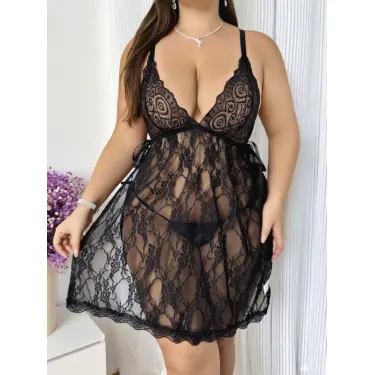 LYYN Arias Closet Büyük Beden Siyah Dantel İşlemeli Fantezi Tül Gecelik