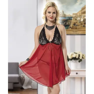 LYYN Arias Closet Büyük Beden Siyah Dantelli Boyundan Bağlamalı Fantezi Kırmızı Tül Gecelik