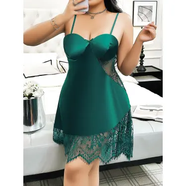 LYYN Arias Closet Büyük Beden Yeşil Dantel İşlemeli İnce Askılı Fantezi Gecelik
