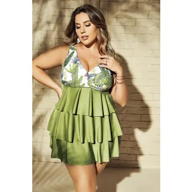 LYYN Arias Closet Büyük Beden Yeşil Fırfırlı Yaprak Desenli Kalın Askılı Gecelik