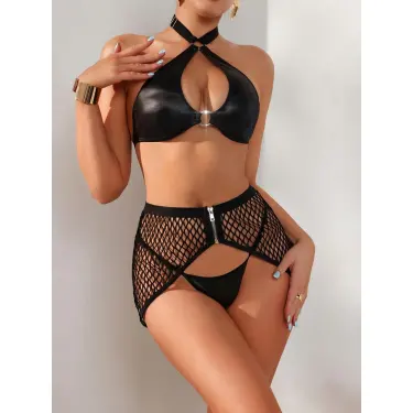 LYYN Arias Closet Deri Siyah Fileli Fantezi Sütyen Takımı