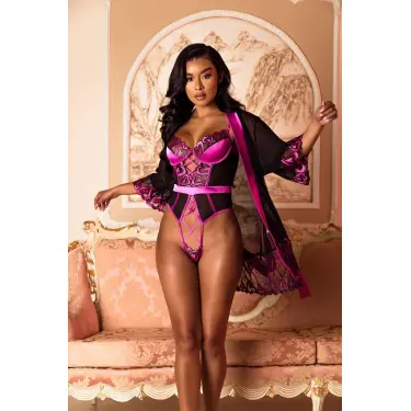 LYYN Arias Closet Fuşya Dantel İşlemeli Kalp Desenli Fantezi Gecelik Body Takımı
