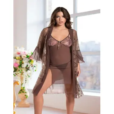 LYYN Arias Closet Haki Transparan Dantel İşlemeli Tül Yırtmaçlı 2li Gecelik Takımı