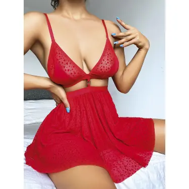 LYYN Arias Closet Kırmızı Desenli Mini Etekli Sütyen Takımı