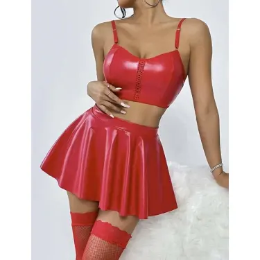 LYYN Arias Closet Kırmızı Etekli Fantezi Deri Şık Elbise