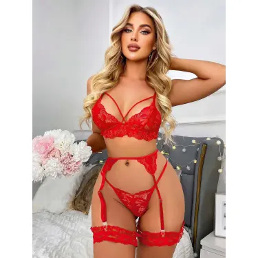 LYYN Arias Closet Kırmızı Göğüs İp Detaylı Dantel İşlemeli Fantezi Jartiyer Takımı