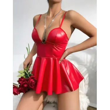 LYYN Arias Closet Kırmızı Parlak Lame Fantezi Deri Elbise