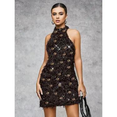 LYYN Arias Closet Özel Tasarım Gümüş Işıltılı Sırt Dekolteli Fantezi Mini Club Elbisesi