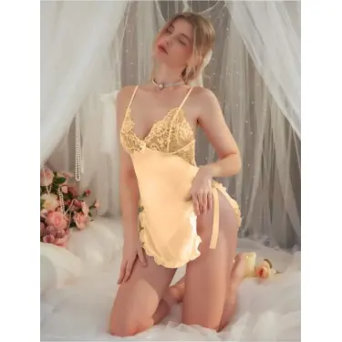 LYYN Arias Closet Sarı Dantel Detaylı İnce Askılı Saten Kısa Fantezi Gecelik