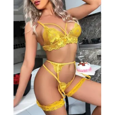 LYYN Arias Closet Sarı Göğüs İp Detaylı Fantezi Jartiyer Takım