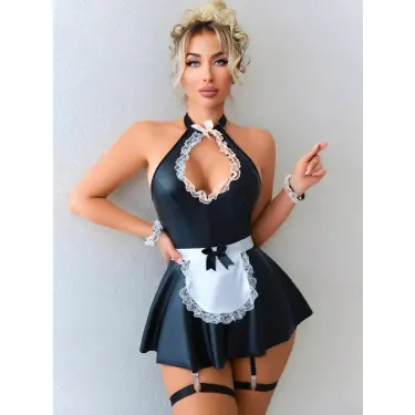 LYYN Arias Closet Siyah Göğüs Dekolteli Boyundan Bağlamalı Mini Etekli Fantezi Deri Hizmetçi Kostümü