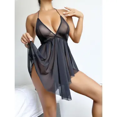 LYYN Arias Closet Siyah Şık Mini Fantezi Tül Gecelik