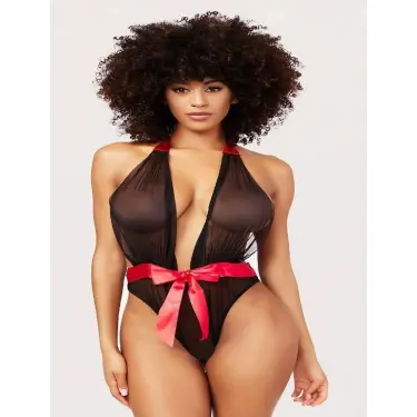 LYYN Arias Closet Siyah Transparan Tül Kırmızı Kurdelalı Fantezi Babydoll