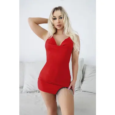 LYYN Arias Closet Bacak Kısmı Boncuk Detaylı Kırmızı Mini Fantezi Gecelik