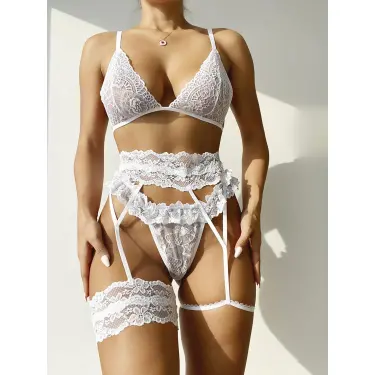 LYYN Arias Closet Beyaz Dantel Bacak Bantlı Jartiyerli Sütyen Külot Takımı