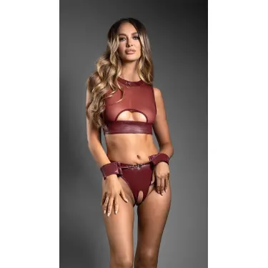 LYYN Arias Closet Deri Bordo Tül Büstiyerli Özel Bölgesi Açık Fantezi Takım