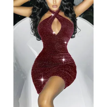 LYYN Arias Closet Özel Tasarım Boyundan Bağlamalı Dekolteli Işıltılı Fantezi Bordo Mini Club Elbisesi