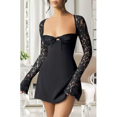 LYYN Arias Closet Özel Tasarım Dantel İşlemeli Şık Uzun Bolerolu Siyah Fantezi Mini Club Elbisesi