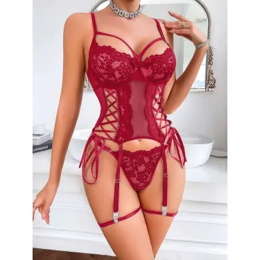 LYYN Arias Closet Özel Tasarım Kırmızı Dantel İşlemeli Fantezi Jartiyer Takımı