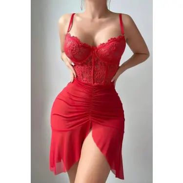 LYYN Arias Closet Özel Tasarım Kırmızı Dantel İşlemeli Korse Görünümlü Önden Büzgülü Fantezi Tül Gecelik