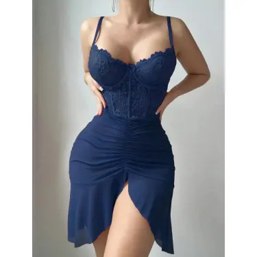 LYYN Arias Closet Özel Tasarım Lacivert Dantel İşlemeli Korse Görünümlü Önden Büzgülü Fantezi Tül Gecelik