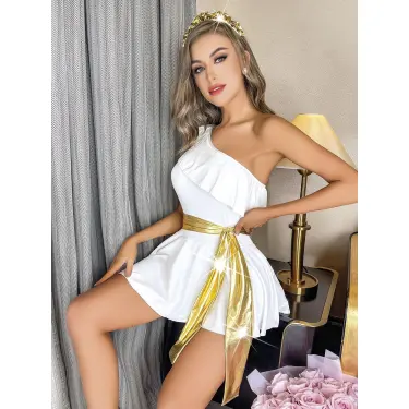 LYYN Arias Closet Özel Tasarım Tek Omuz Şık Belden Bağlamalı Beyaz Fantezi Mini Club Elbisesi