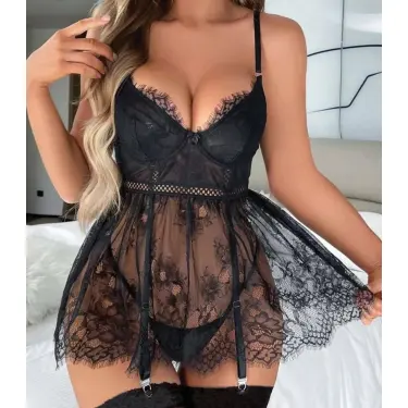 LYYN Arias Closet Siyah Dantel İşlemeli Jartiyerli Gecelik Takımı