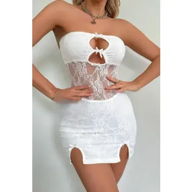 LYYN Beyaz Dantel İşlemeli Göğüs Dekolteli Seksi 5081