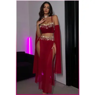 LYYN Bordo Pul Aksesuarlı Tül Etekli Kadın Seksi Gecelik