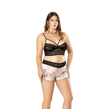 LYYN Büyük Beden Altı Şirin Desenli Üstü Dantel Fantezi Şortlu Saten Gecelik