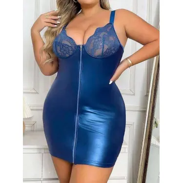 LYYN  Büyük Beden Saks Deri Dantelli Fermuarlı Fantezi Elbise