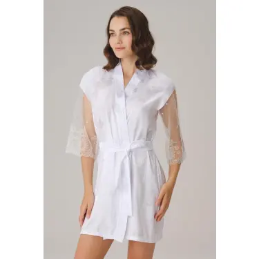 LYYN Çeyizlik Uzun Kol V Yaka Kadın Saten Düz Yazlık Mini Dantel Detaylı Sabahlık
