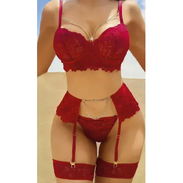 LYYN Dantel Göğüs Dekolteli Zincirli Bordo Jartiyer Takım 2078