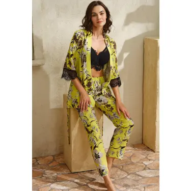 LYYN Dokuma Viskon Çiçek Baskılı Dantelli Sabahlık Balenli Desteksiz Dolgusuz Büstiyer Sütyen Ve Pantolon Pijama 3lü Takım