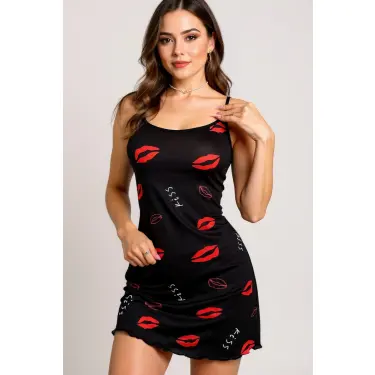 LYYN Dudak Desenli Siyah Askılı Gecelik