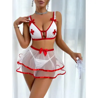 LYYN Fantezi Beyaz Tül Etekli Seksi Hemşire Kostümü